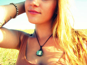model wearing an aquamarine macrame  necklace