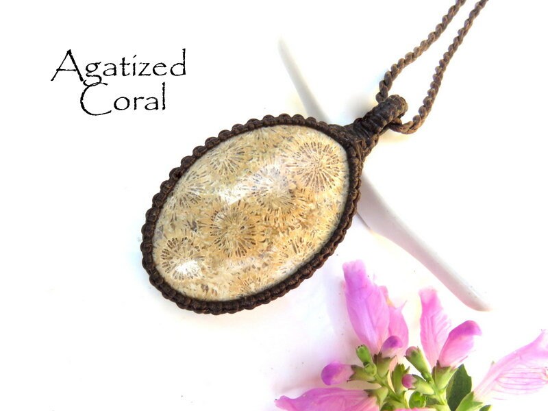 Agatized Coral macrame necklace, Fossil Coral jewelry, gemstone jewelry gift, gemstone jewelry for women