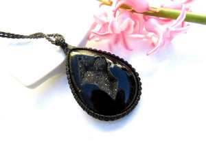 Black Onyx druzy macrame necklace, black crystal necklace, onxy healing properties, gemstone necklace, black theme, gothic jewelry, macrame