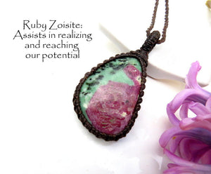 Ruby Zoisite macrame necklace, divorce gifts, handmade gifts, friendship gifts, Womens Jewelry, Healing gemstone pendan, Macrame jewelry