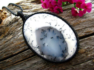 A large black and white Dendrite Opal gemstone necklace, oval agate pendant, macrame necklace