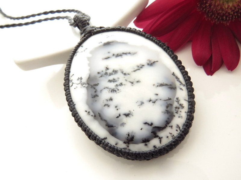 Beautiful black and white oval shaped Dendrite Opal gemstone necklace, Agate gemstone necklace