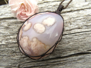 Gorgeous pink and gray Flower Agate palmstone macrame necklace, statement necklace,