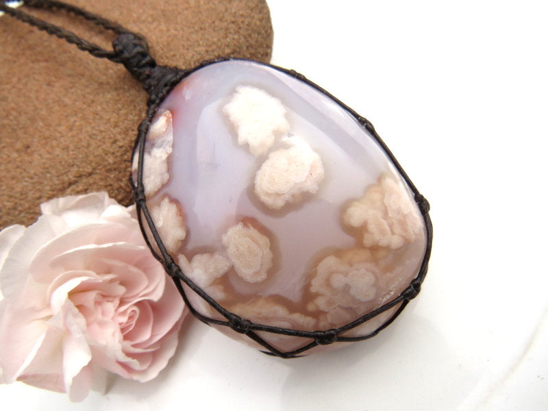 Gorgeous pink and gray Flower Agate palmstone macrame necklace, statement necklace,