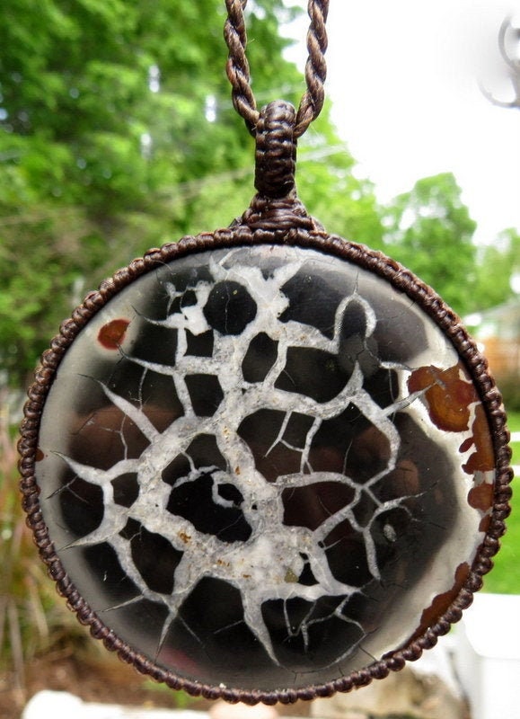 Septarian Dragon Stone macrame necklace, dragon stone, septarian gemstone meaning, septarian spiritual properties, witchy crystal talisman