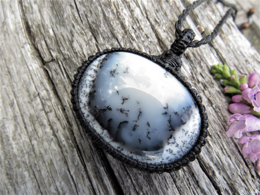 Sweet Dendrite Opal gemstone necklace, Agate necklace, macrame necklace, wrapped in black cord