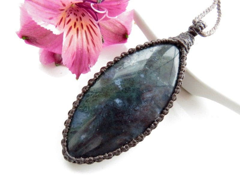 Beautiful marquis shape green Moss Agate gemstone necklace, macrame necklace, deep green with purple