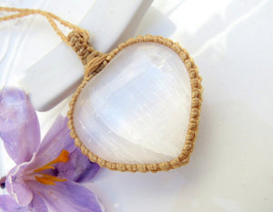 Selenite Heart Necklace, Selenite pendant necklace, Reiki healing necklace