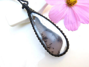 Valentines day gift ideas for her Dendrite opal macrame necklace black and white teardrop agate gemstone necklace gift for wife 