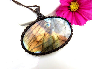Very colorful Labradorite oval necklace, Rainbow Labradorite necklace with orange, yellow, green and blue flash