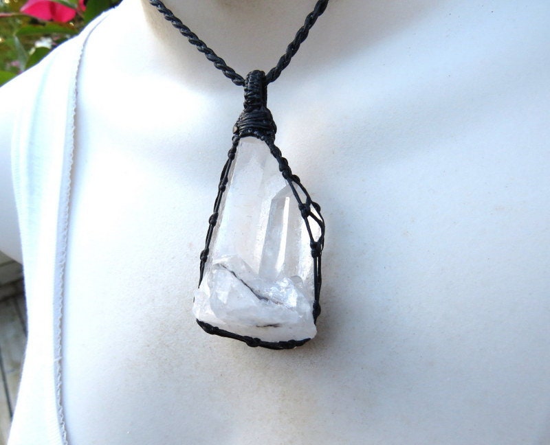 Twin Quartz Crystal necklace, natural raw crystal, macrame jewelry, vintage gems, self gifting jewelry, quartz pendant