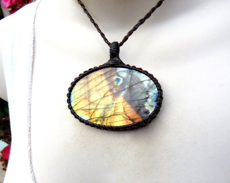 Very colorful Labradorite oval necklace, Rainbow Labradorite necklace with orange, yellow, green and blue flash