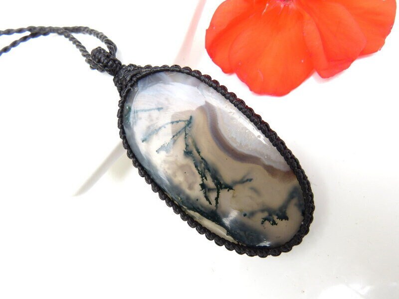 Green Moss Agate gemstone necklace wrapped in black cord, Moss Agate macrame necklace with green inclusions suspended in translucent Agate.