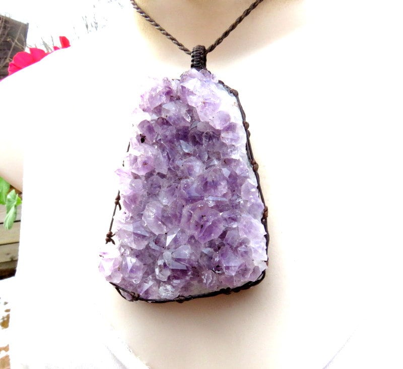Large Amethyst necklace, amethyst druzy jewelry, metaphysical jewelry, february birthstone, raw amethyst, macrame jewelry, mothers day gift,