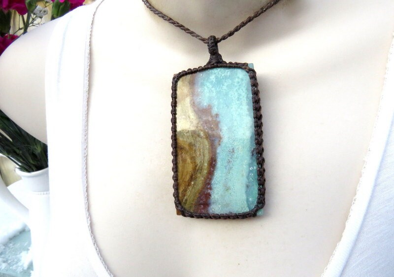 Macrame necklace, Blue Opalized Petrified Wood necklace, healing jewelry for women, petrified wood, statement necklace,