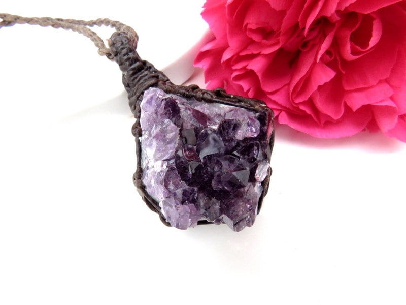 Amethyst necklace, amethyst druzy, amethyst pendant, valentines day gift ideas, purple crystal jewelry, womens crystal necklace, macrame