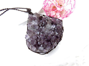 Amethyst necklace, amethyst druzy cluster, celestial gift ideas, natural amethyst, geode, statement necklace, macrame jewelry, healing