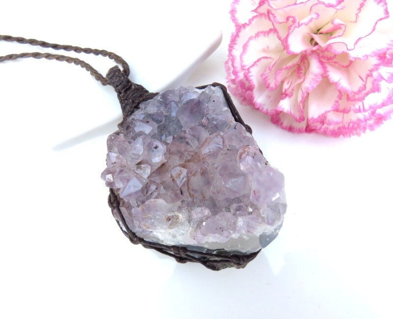Amethyst necklace, Self Healing Gift Ideas, statement necklace, pendant necklaces, Earth Aura Creations, free shipping, Macrame jewelry