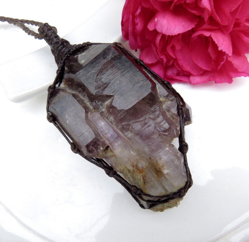 mother gift, twin flame shangaan amethyst crystal healing necklace, Purple crystal, Healing gemstone jewelry, macrame necklace
