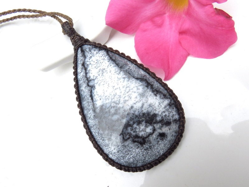 Dendrite opal teardrop gemstone necklace mother christmas gift ideas self care gift unique gifts for women merlinite pendant macrame jewelry