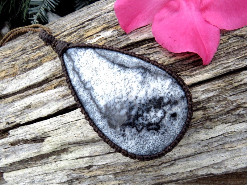 Dendrite opal teardrop gemstone necklace mother christmas gift ideas self care gift unique gifts for women merlinite pendant macrame jewelry