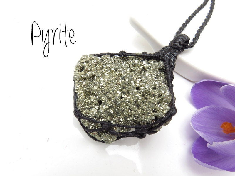 Twinkling Pyrite druzy crystal healing necklace, pyrite crystal jewelry, self care gift ideas, gold jewelry, macrame necklace, raw pyrite
