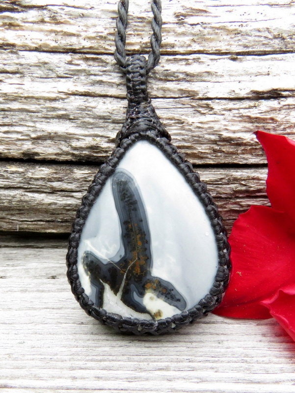 unique maligano jasper teardrop macrame necklace, gray with very unique and intriguing black formations, one of a kind crystal creation