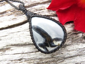 unique maligano jasper teardrop macrame necklace, gray with very unique and intriguing black formations, one of a kind crystal creation