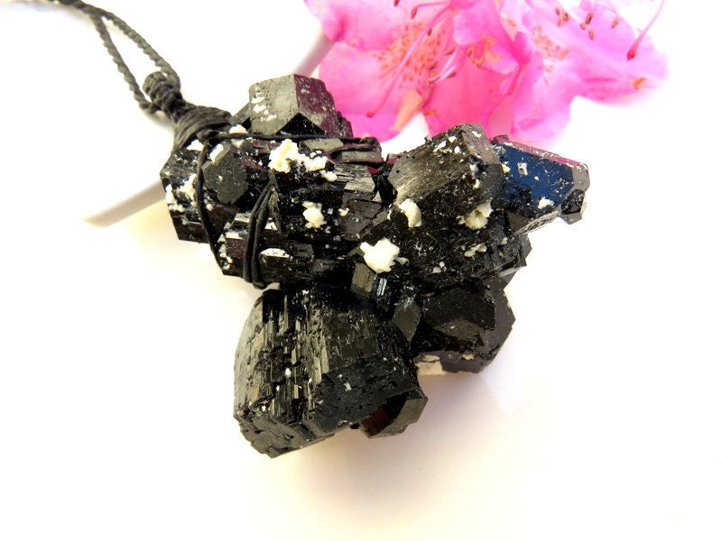 Jet black Tourmaline crystal necklace, chunky tourmaline macrame necklace wrapped in black cord, statement crystal jewelry