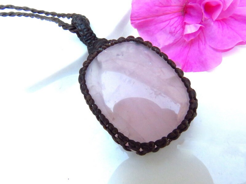 Pretty square shaped Rose Quartz macrame necklace, Rose Quartz gemstone necklace, light pink crystal wrapped in dark brown cord