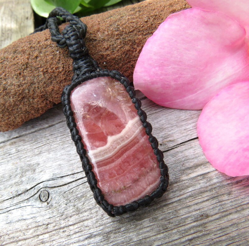 Rhodocrosite macrame necklace, christmas gift for her