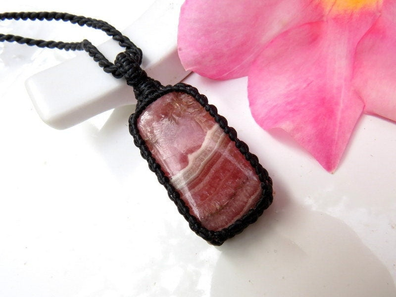 Rhodocrosite macrame necklace, christmas gift for her
