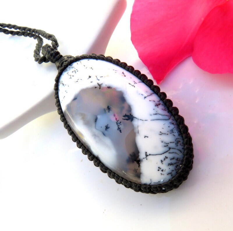 Macrame necklace, Dendrite Opal Necklace, care package gift ideas, agate necklace, merlinite pendant, black and white, gothic necklace