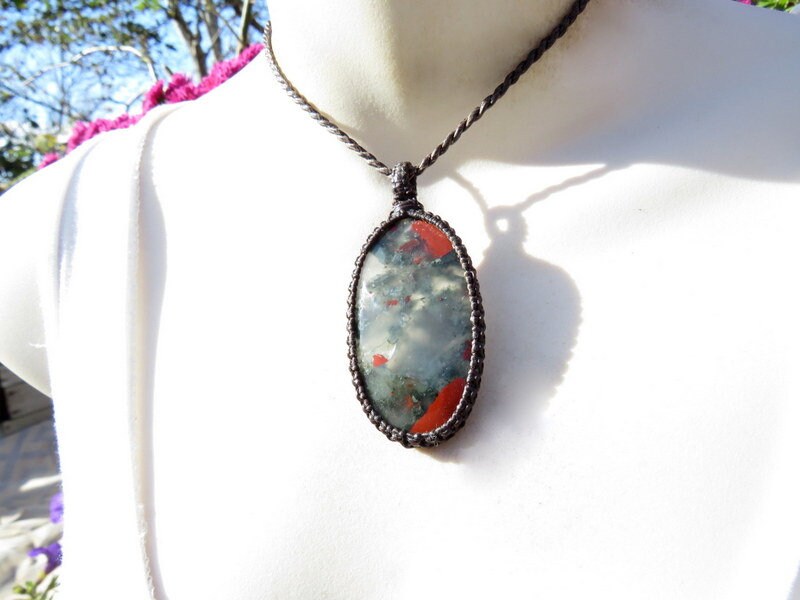 African Bloodstone macrame necklace, african bloodstone, bloodstone gemstone, bloodstone necklace, gemstones for courage, bloodstone meaning