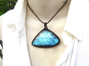 Labradorite Crushing goals necklace, Serene energy, gemstone necklace, Macrame stone jewelry, earth aura creations, blue stone, under 100