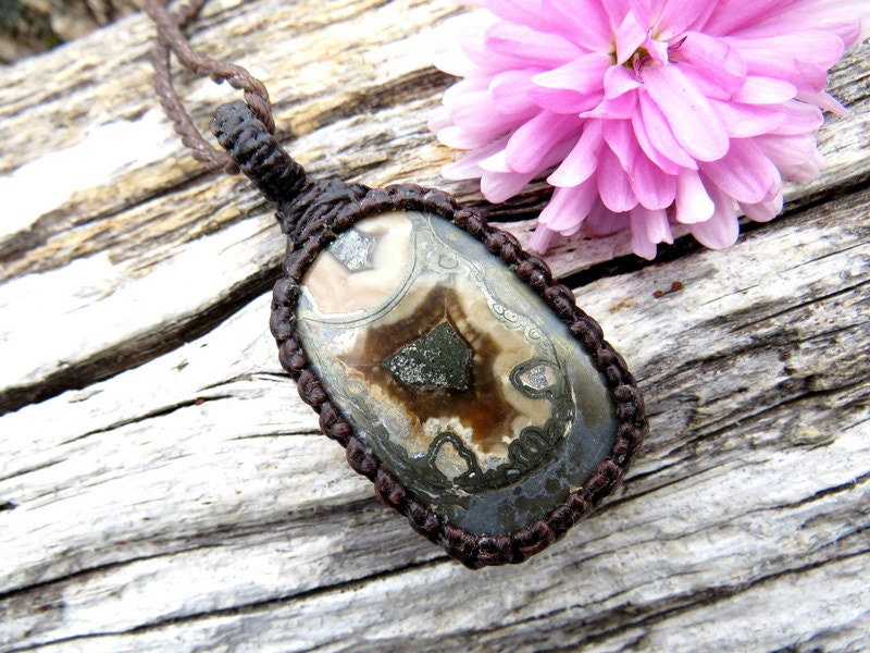 Ammonite Pyrite Macrame necklace, pyrite necklace, mens gift, fossil rocks, ammonite fossil, husband gift, father gift, mother gift macrame