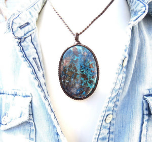 Azurite gemstone necklace, macrame necklace, statement necklace, gemstone jewelry, gift ideas for her, blue theme, earth aura creations