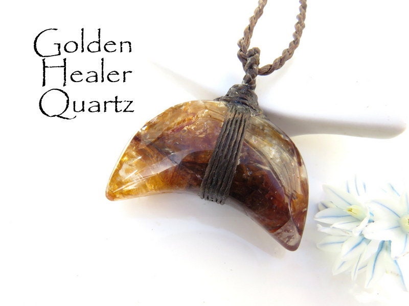 Golden Healer Quartz healing moon gemstone necklace moon necklace  golden healer macrame necklace chakra crystals