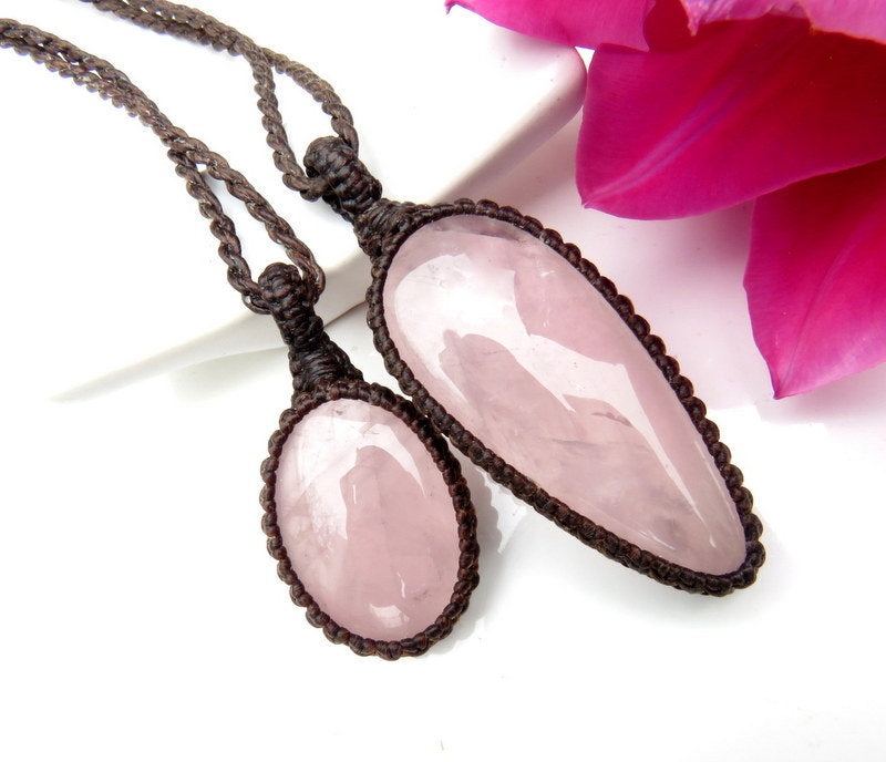 Mother Daughter Necklace set, Rose quartz necklace, Couple necklace, gifts, valentines day gift, Macrame jewelry, mother and daughter gift