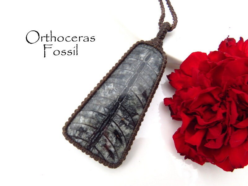 Orthoceras fossil gemstone necklace, macrame necklace, orthoceras fossil pendant, orthoceras pendant, fossil jewelry, fossil necklace