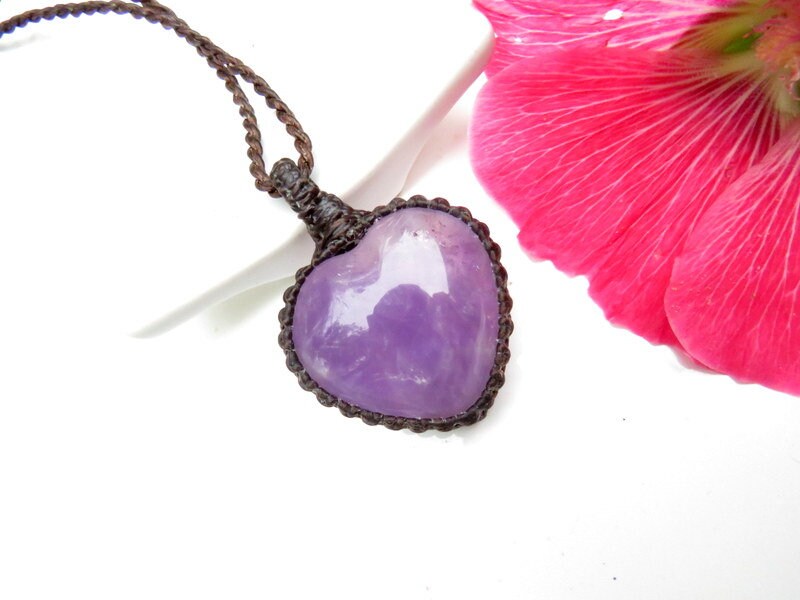 Amethyst necklace, amethyst crystal heart pendant, healing crystal gifts, womens crystal jewelry, heart shape, macrame necklace