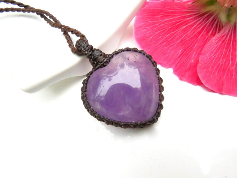 Amethyst necklace, amethyst crystal heart pendant, healing crystal gifts, womens crystal jewelry, heart shape, macrame necklace