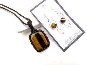 Tiger Eye macrame necklace and earring set, jewelry set, valentines day gift ideas, Tiger Eye necklace, Macrame necklace, Healing stones,