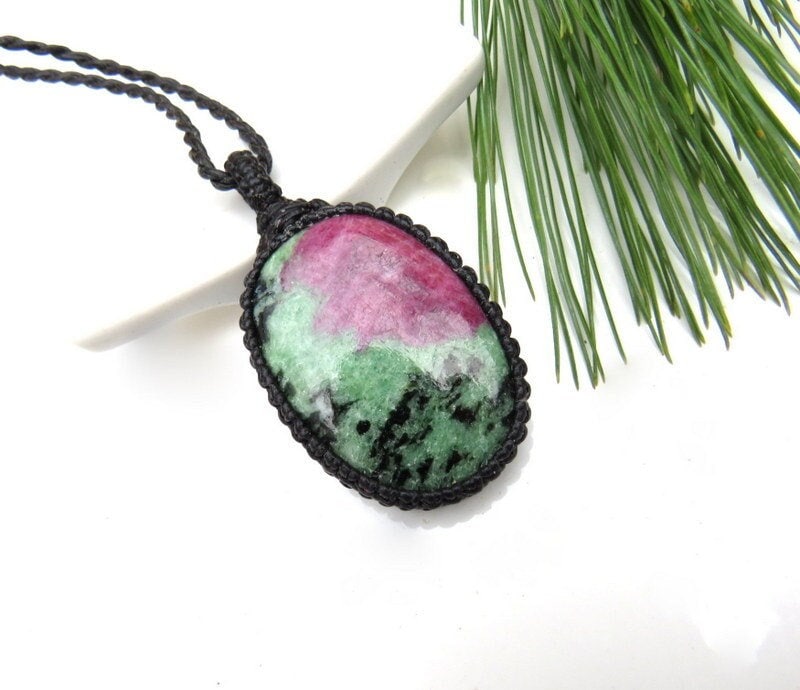 Grief care package, Ruby Zoisite healing stone necklace, Grief gift, Grief necklace, Grief crystals, Macrame jewelry, free ship