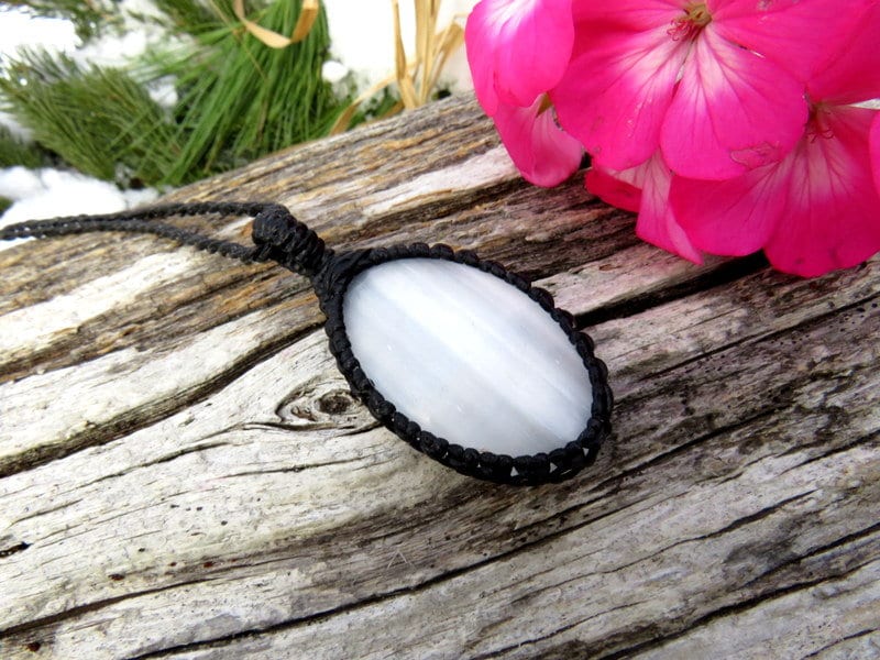 Selenite crystal necklace, gift ideas for the zen seeker, for the boho beauty, guardian angel necklace, goddess necklace, macrame jewelry