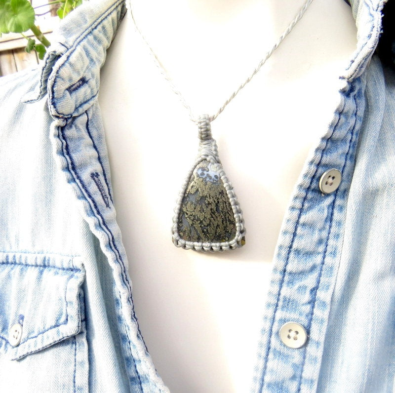 Rare Marcasite macrame necklace, gemstone jewelry, gift ideas for the fashionable fella, the nature lover, the rock collector, jewelry lover