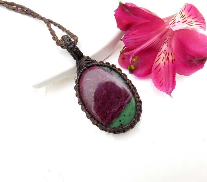 Ruby Zoisite Necklace, Womens Jewelry, Healing stone pendant, Macrame jewelry, gift ideas for the friend on the mend, the newly bereaved