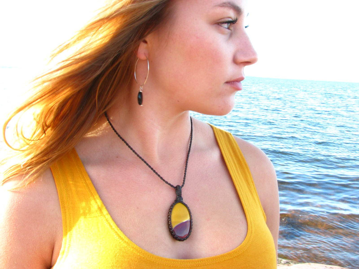 unisex macrame gemstone necklace, mookaite jasper jewelry