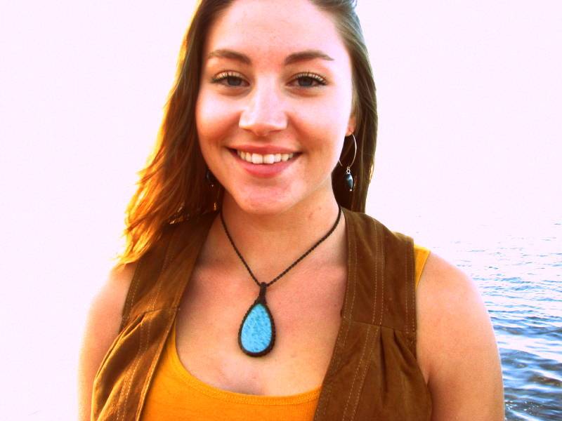 woman wearing amazonite gemstone necklace, macame jewelry