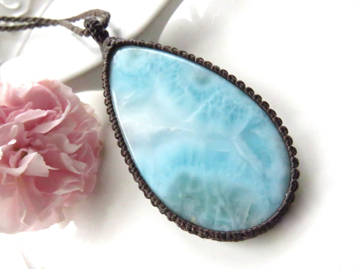Larimar macrame necklace, gemstone jewelry